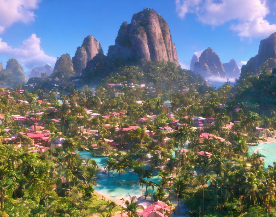 Tropical village with thatched huts, palm trees, pools, and rocky peaks under hazy