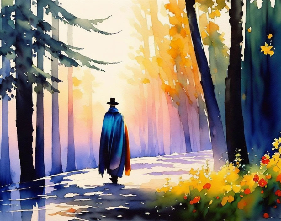 Person in Hat and Cloak Walking on Vibrant Autumn Forest Path