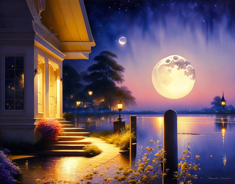 Tranquil lake under luminous moon beside cozy house and yellow flower garden