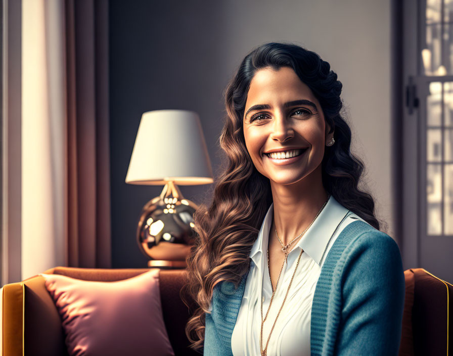 Smiling woman in teal blazer exudes confidence on cozy sofa