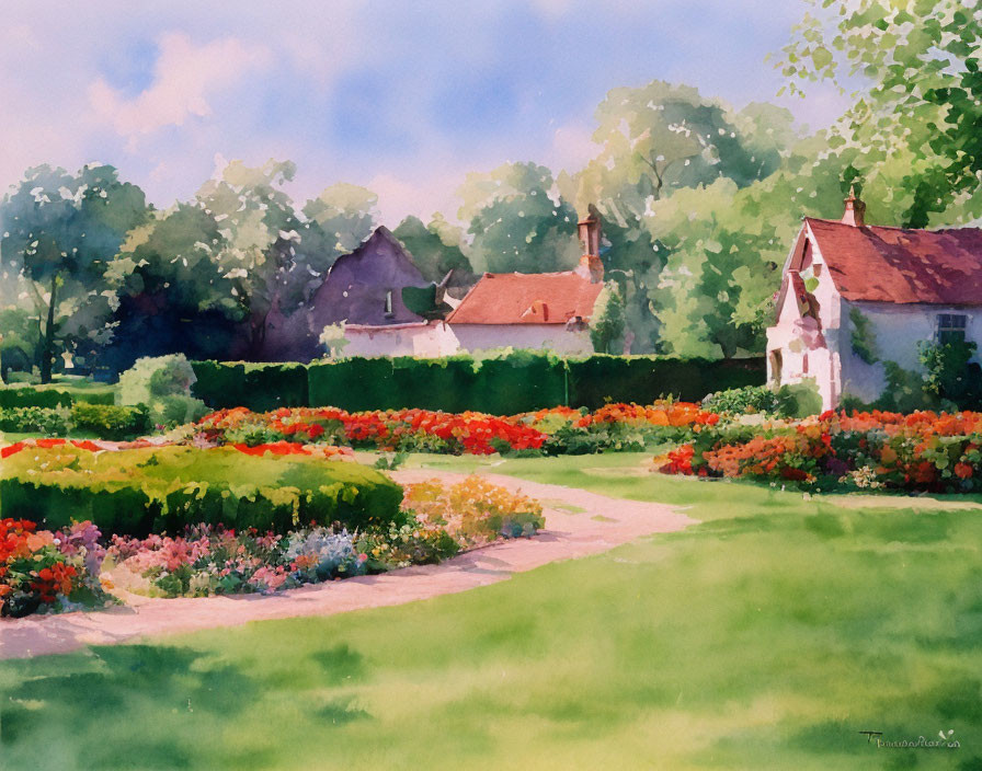 Tranquil watercolor painting of vibrant garden and cottages