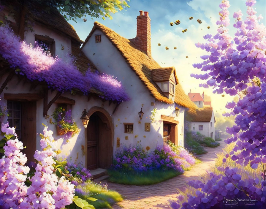 Thatched Roof Cottage Surrounded by Purple Flowers and Bees