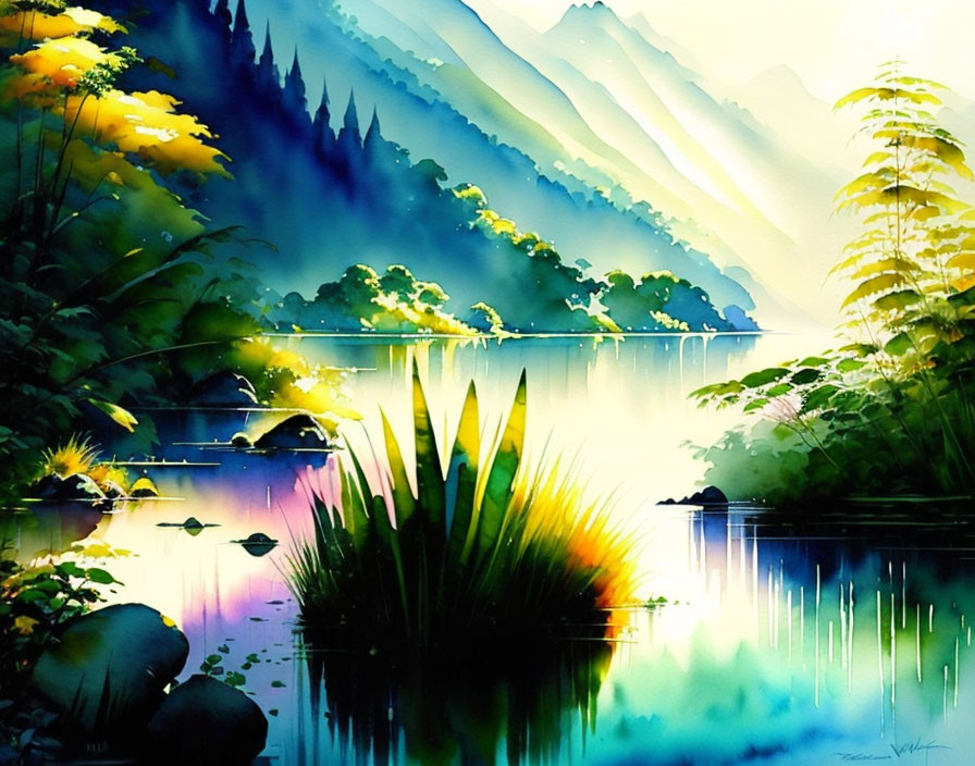 Tranquil watercolor landscape of lake, mountains, and foliage