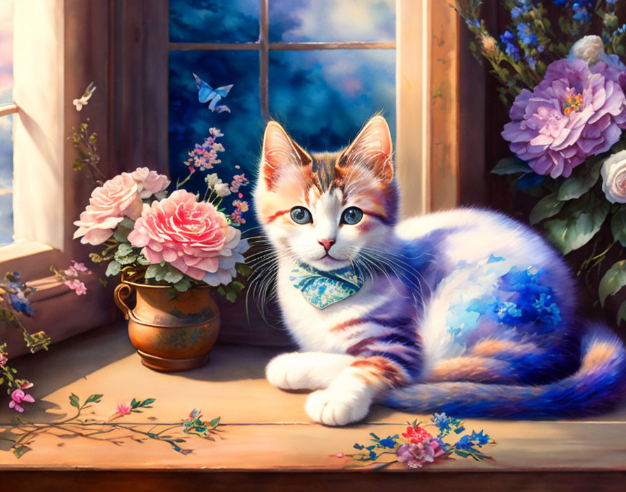 Colorful Cat with Patterned Kerchief Resting by Window with Flowers, Metal Pot, Blue Sky