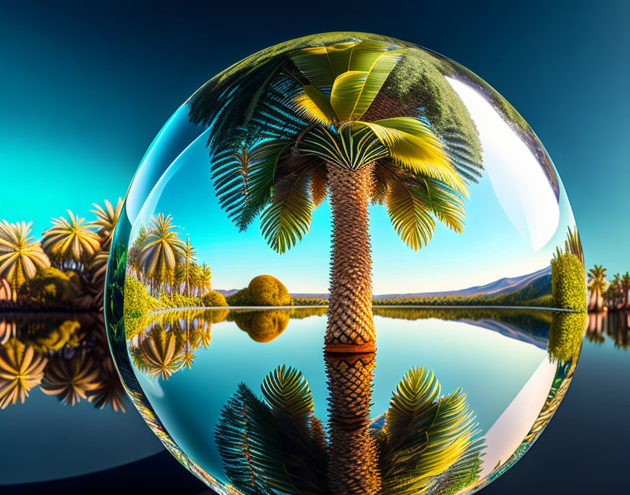 Surreal crystal ball reflecting palm tree in tropical landscape