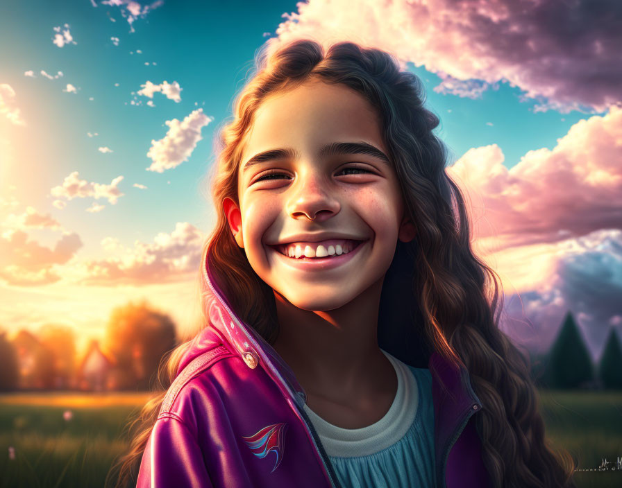 Young girl with braided hair and pink jacket in sunny field at sunset