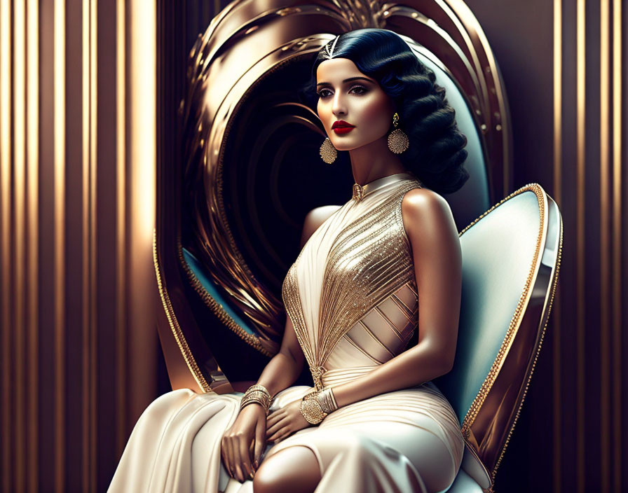 Elegant woman in gold dress with vintage waves hairstyle against art deco backdrop