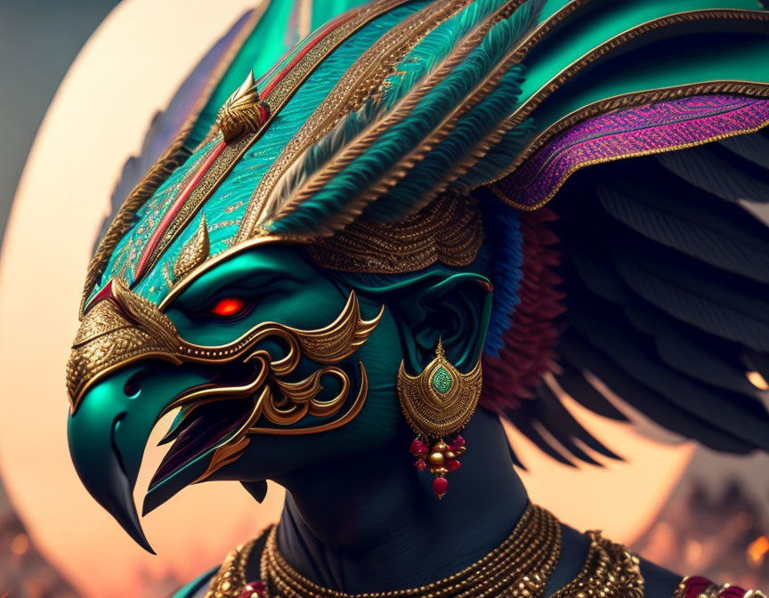 Regal bird-like mask on humanoid figure with vibrant feathers and golden jewelry