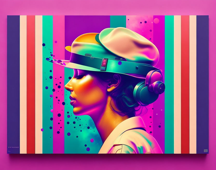 Vibrant digital artwork of woman in hat and headphones