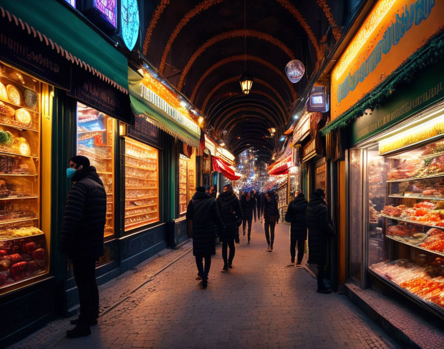 Vibrant indoor market alley with diverse vendors and shoppers in winter attire