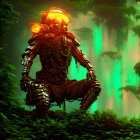 Futuristic robot with glowing orange accents in lush green foliage