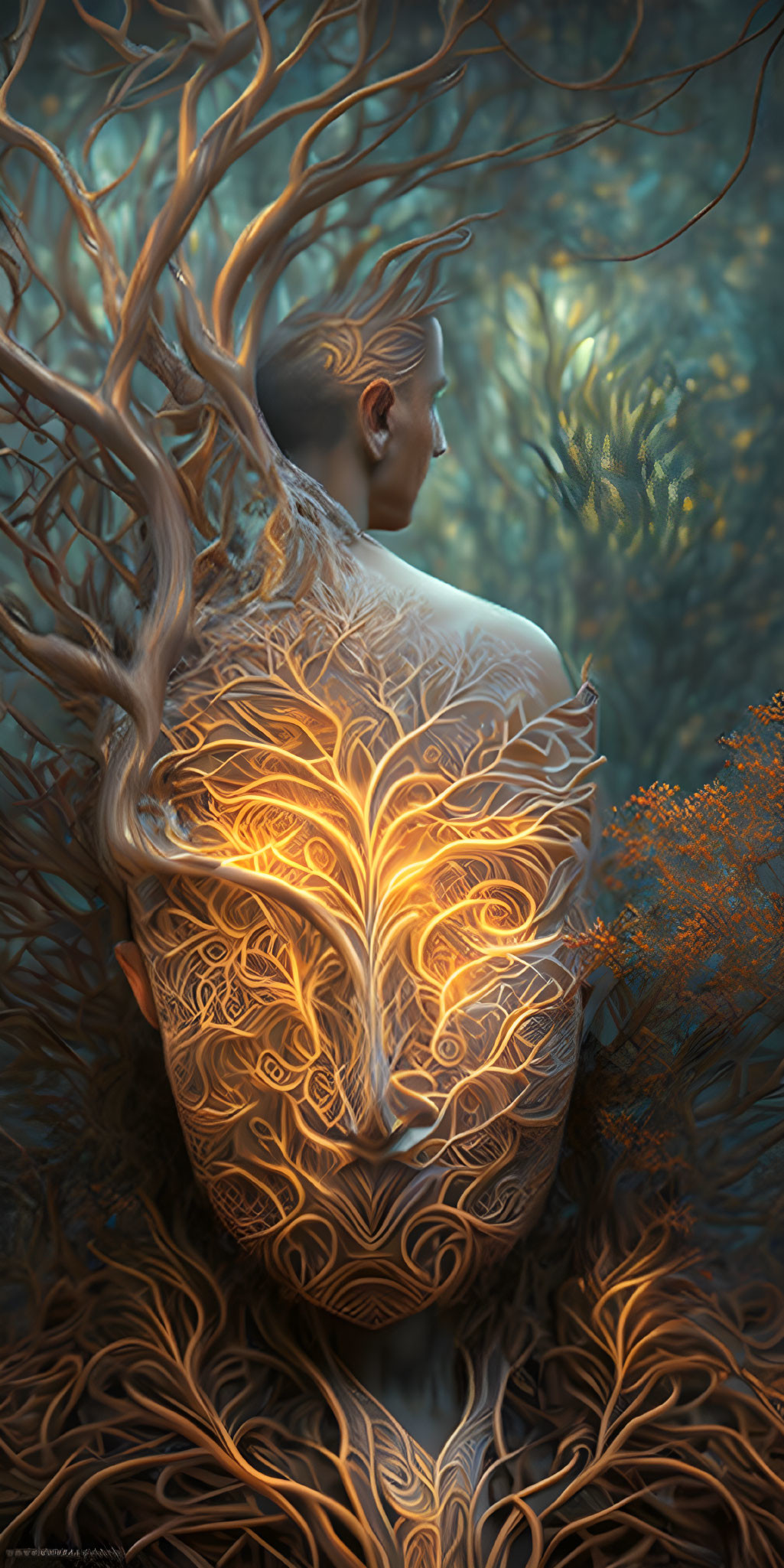 Person with tree-like patterns blending into mystical forest symbolizes harmony.