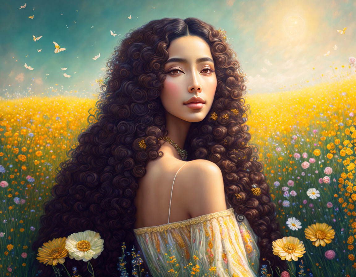 Illustrated woman with curly hair in field of yellow flowers and butterflies under warm sun