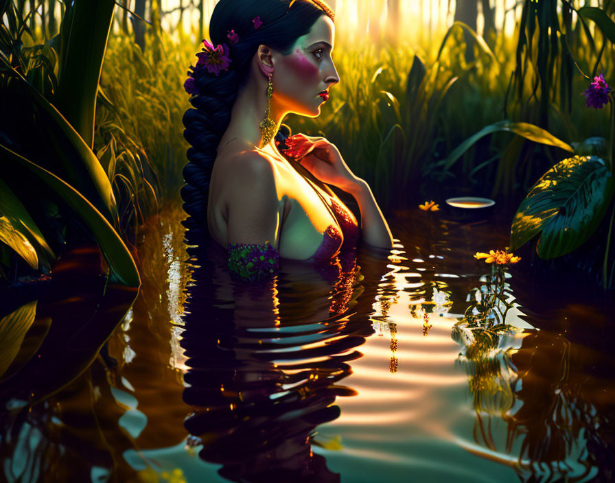 Woman with Adorned Hair Submerged in Water at Sunset among Tall Reeds