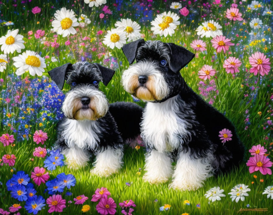 Fluffy Black and White Puppies Among Vibrant Flowers in Green Field