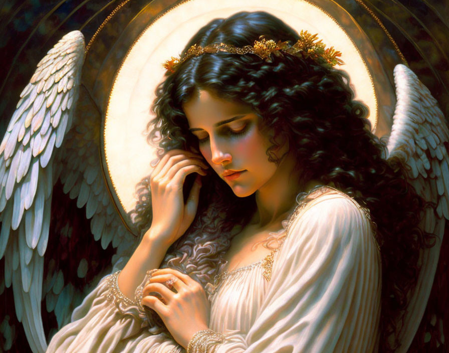 Ethereal woman with angelic wings and golden crown in thoughtful pose