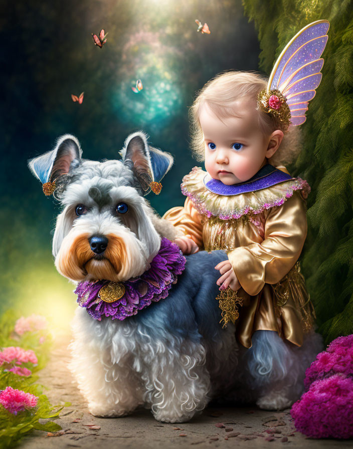 Toddler with fairy wings riding Schnauzer in magical scene