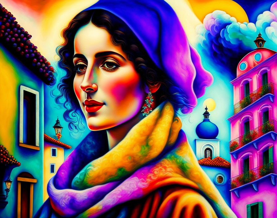 Colorful digital painting of a woman in vibrant attire against whimsical townscape