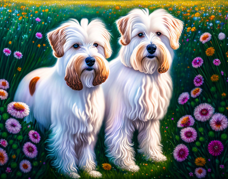 Fluffy white dogs with brown muzzles in vibrant flower field