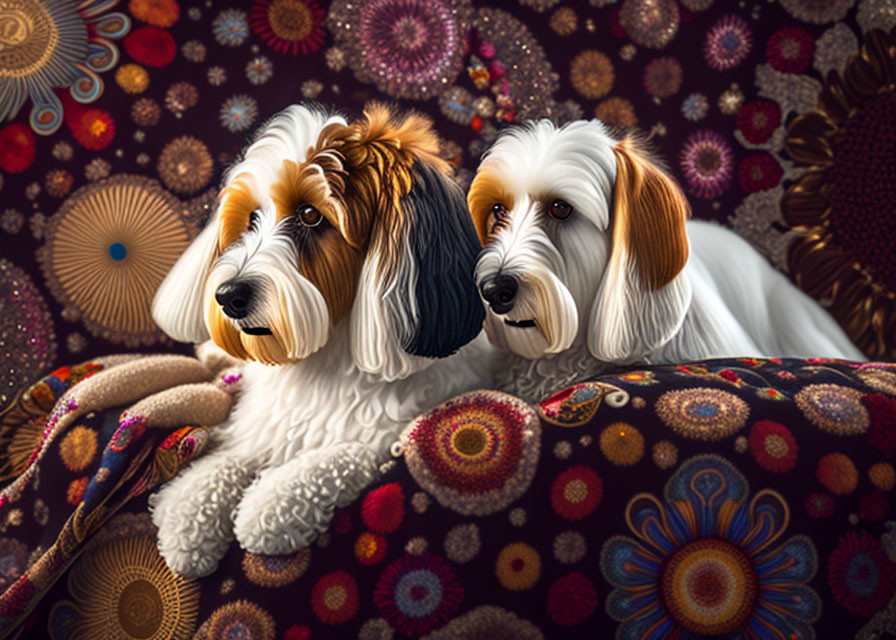 Fluffy Dogs with Expressive Eyes Against Colorful Patterned Background