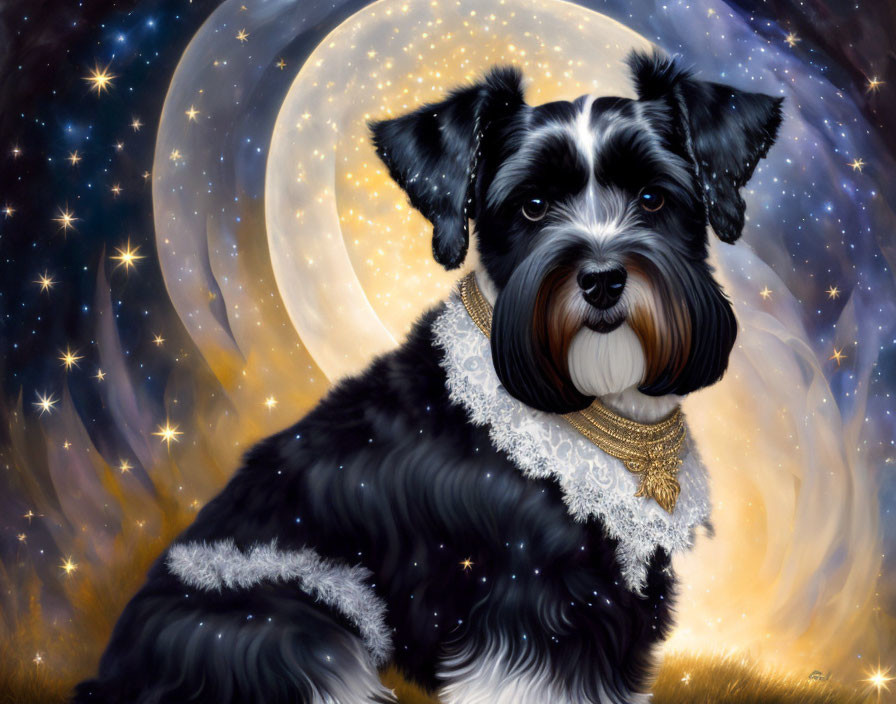 Realistic Black and White Dog Painting with Full Moon and Stars