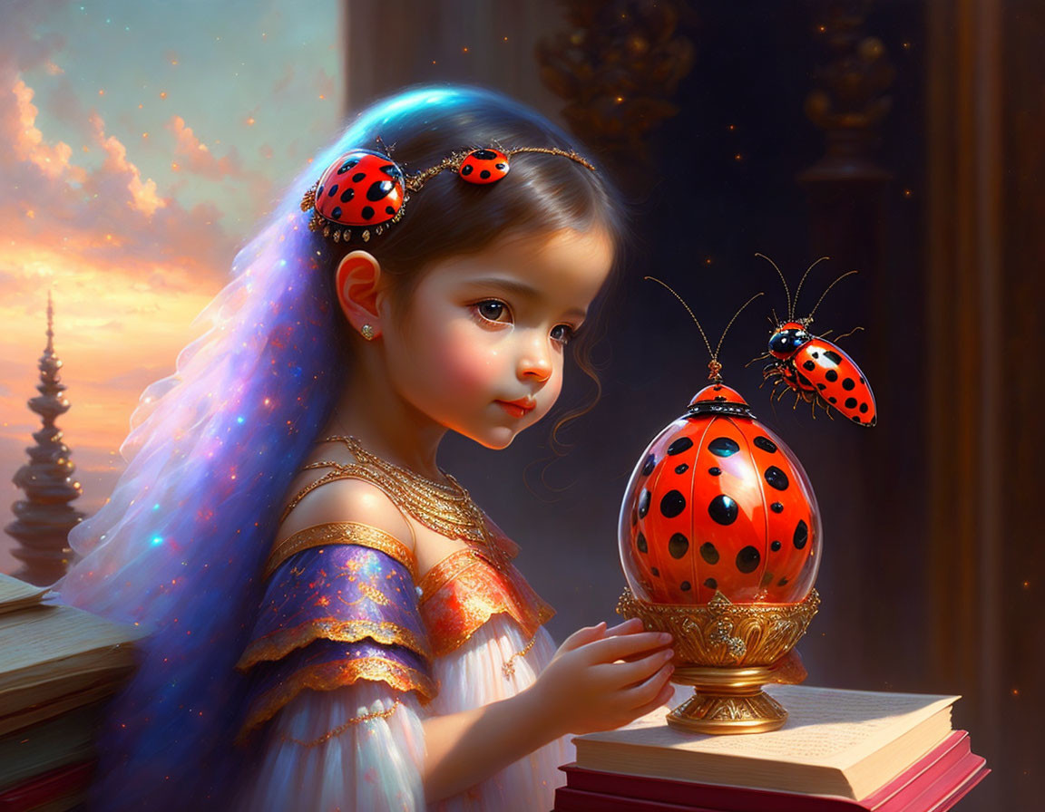 Young girl in fancy dress admires oversized ladybugs in whimsical interior