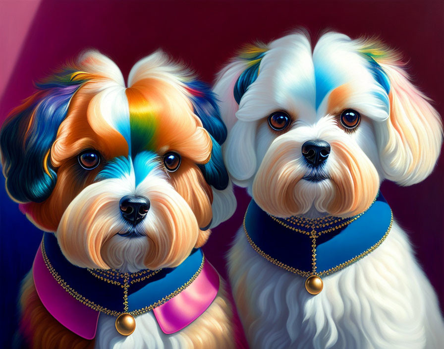 Colorful Stylized Dogs in Blue and Purple Collars on Vibrant Background