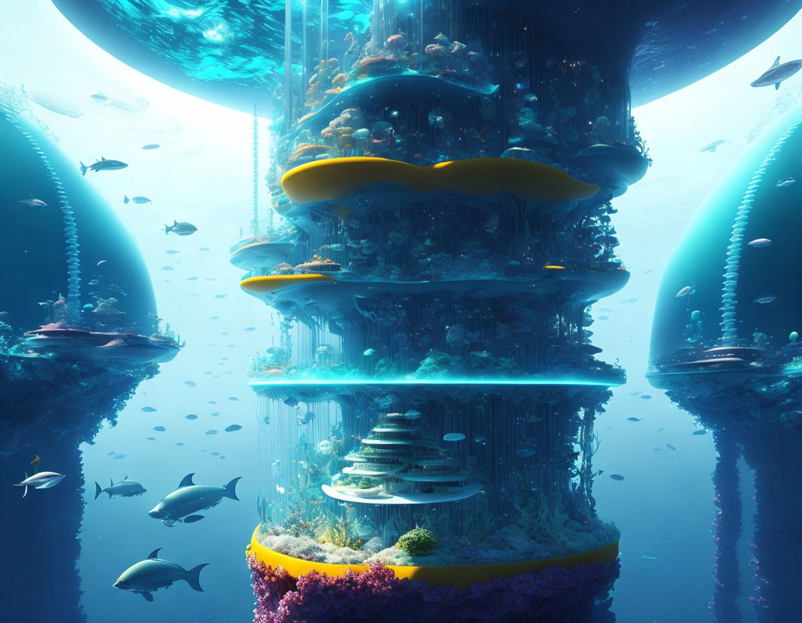 Cylindrical structures in glowing blue underwater city