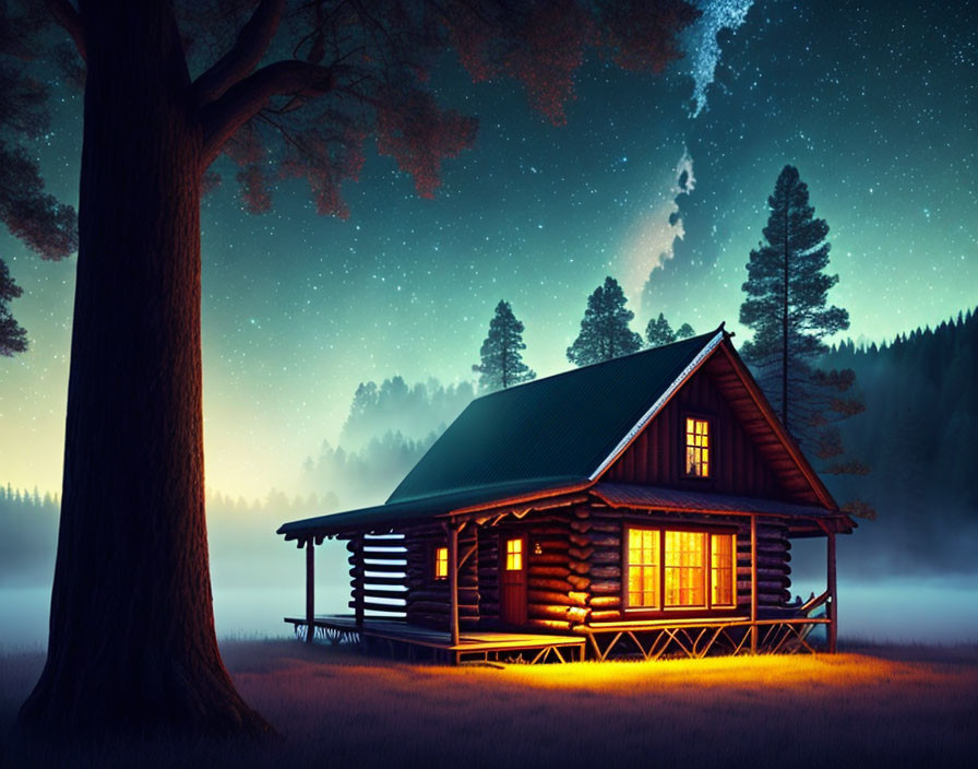 Rustic log cabin at twilight under starry sky