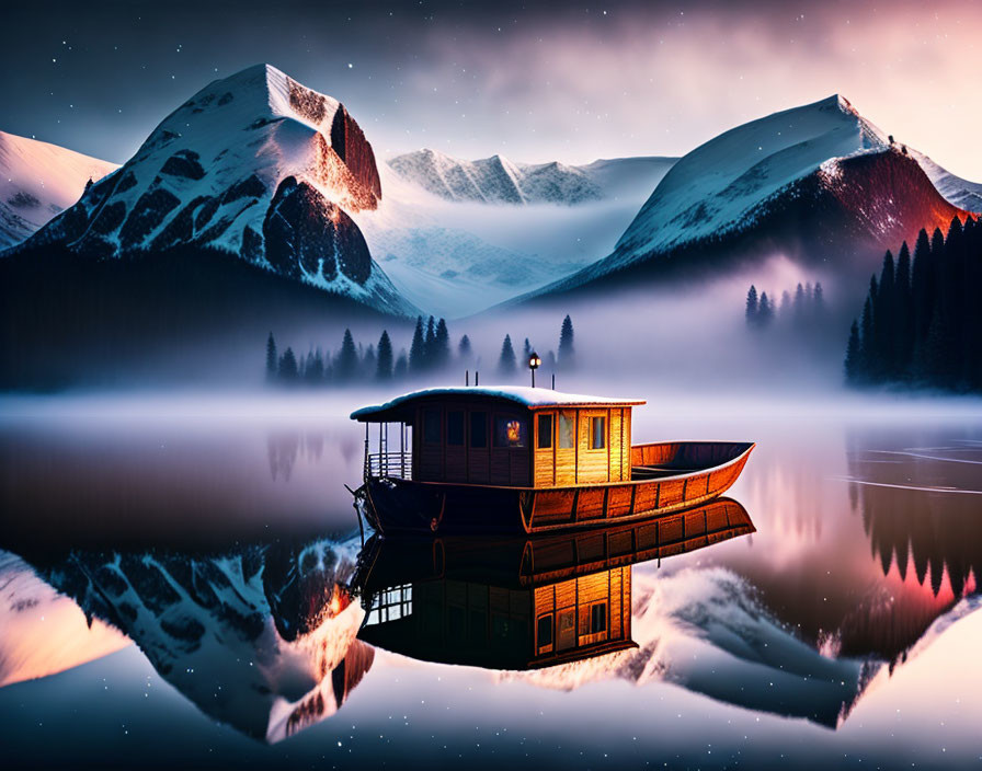 Wooden houseboat on glassy lake with snow-capped mountains under twilight sky