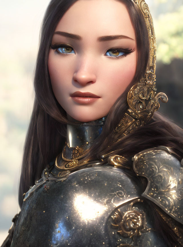 Detailed 3D-rendered female warrior with blue eyes and intricate armor on soft-focus natural background