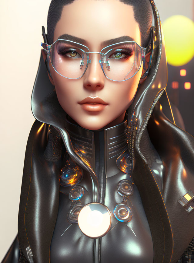 Digital portrait of woman in sleek glasses and futuristic black jacket with glowing circular elements on light background.