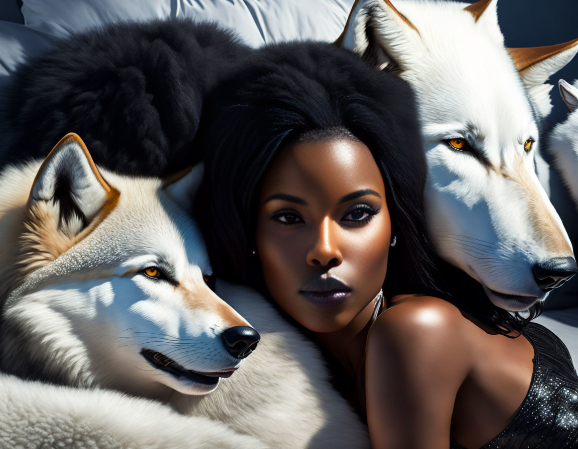 Woman with Striking Makeup Between Two Realistic Wolves