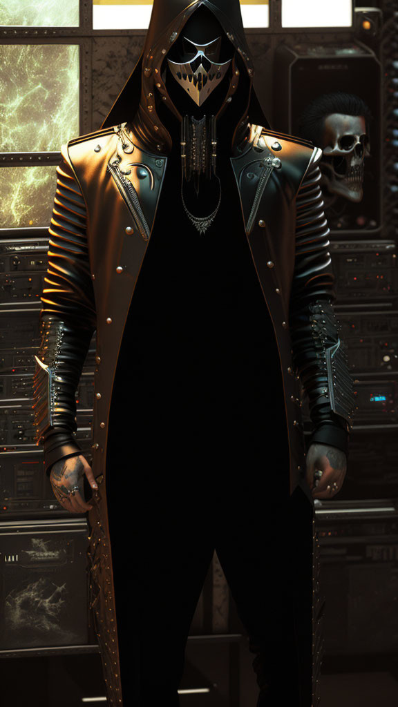 Futuristic leather jacket with hooded mask and glowing teeth design at control panel