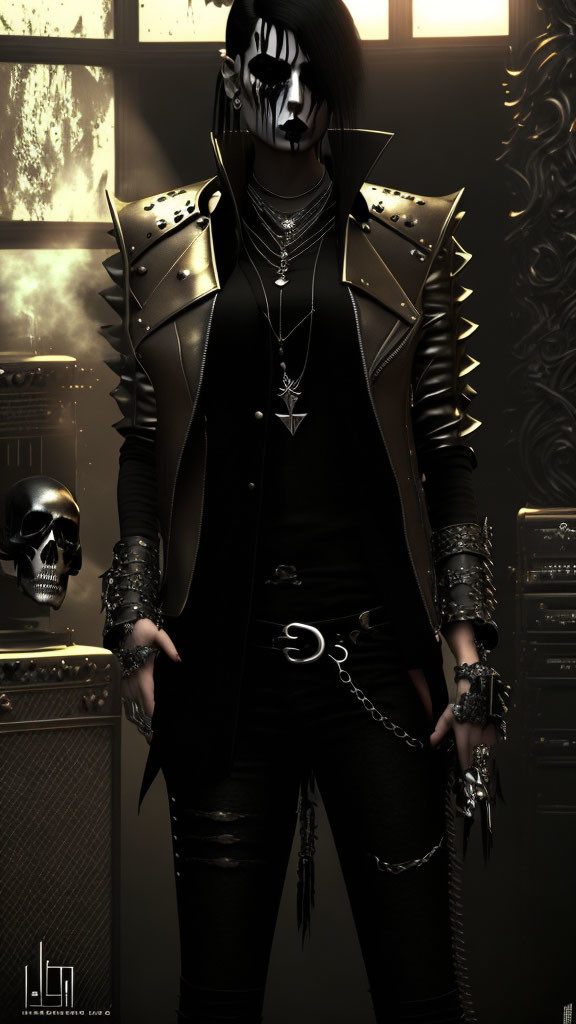 Gothic figure with black and white face paint in spiked leather jacket and silver accessories against dimly