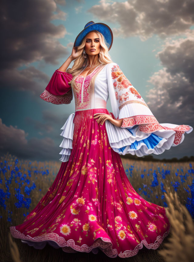 Woman in Pink Dress and Blue Hat in Field of Blue Flowers with Dramatic Cloudy Sky