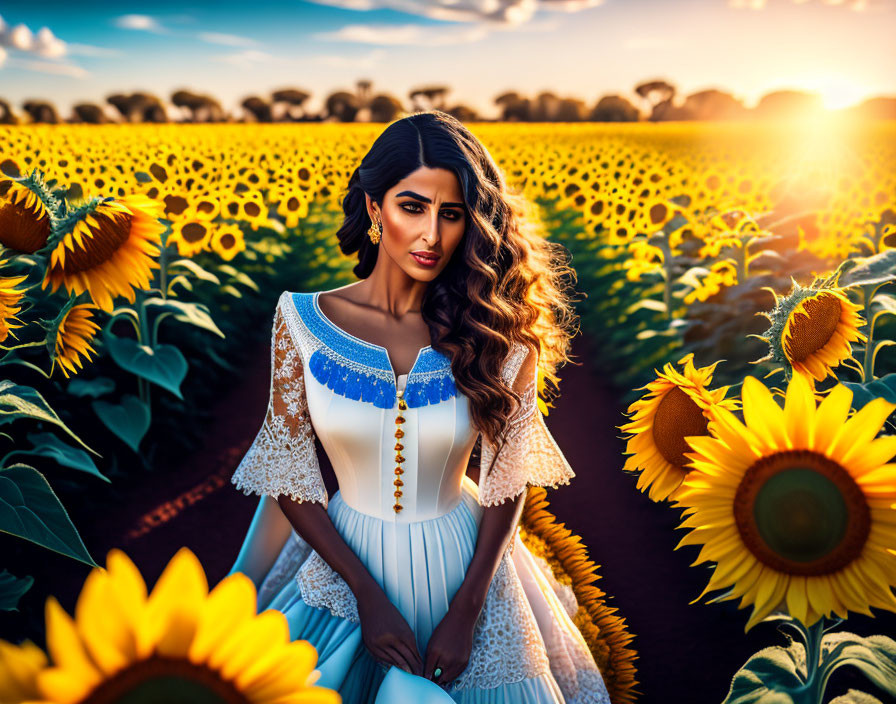 Woman in White Dress Among Sunflowers at Sunset