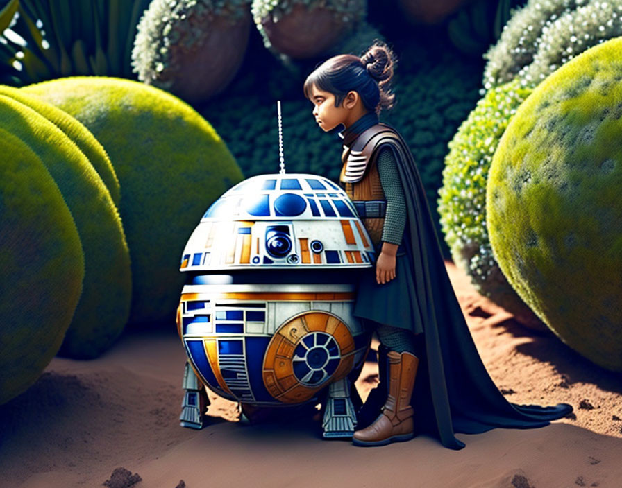 Young girl in Rey costume with R2-D2 model in whimsical fruit and cacti setting