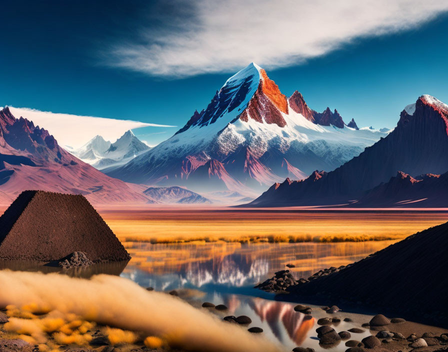 Tranquil lake with snow-capped mountain peak in serene landscape