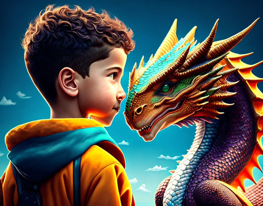 Young boy in yellow hoodie meets colorful dragon on blue background