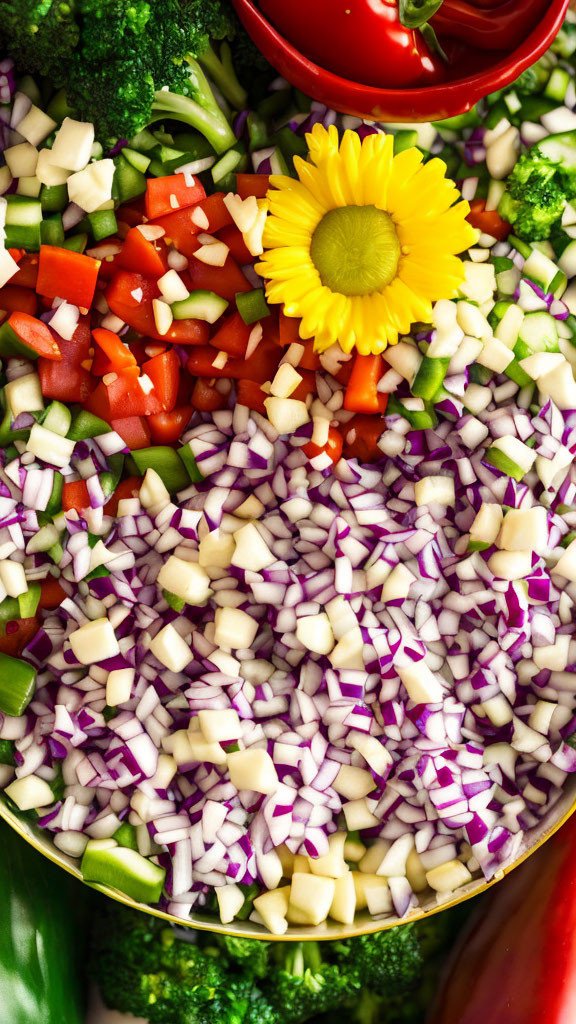 Vibrant Chopped Vegetables with Yellow Flower Garnish