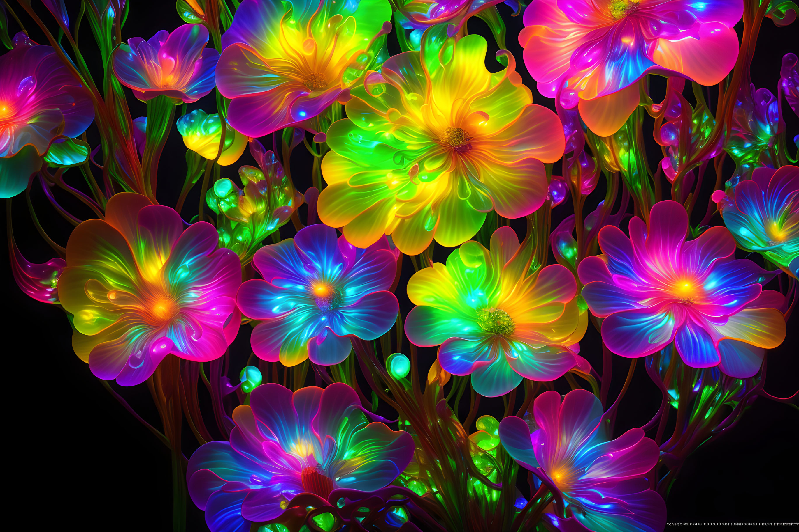 Neon-Colored Glowing Flowers on Dark Background