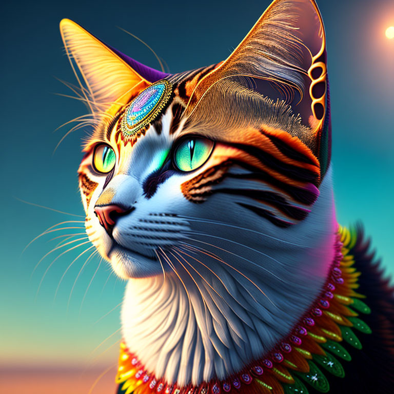 Colorful digital artwork: Cat with intricate patterns and green eyes, adorned with beads on sunset sky