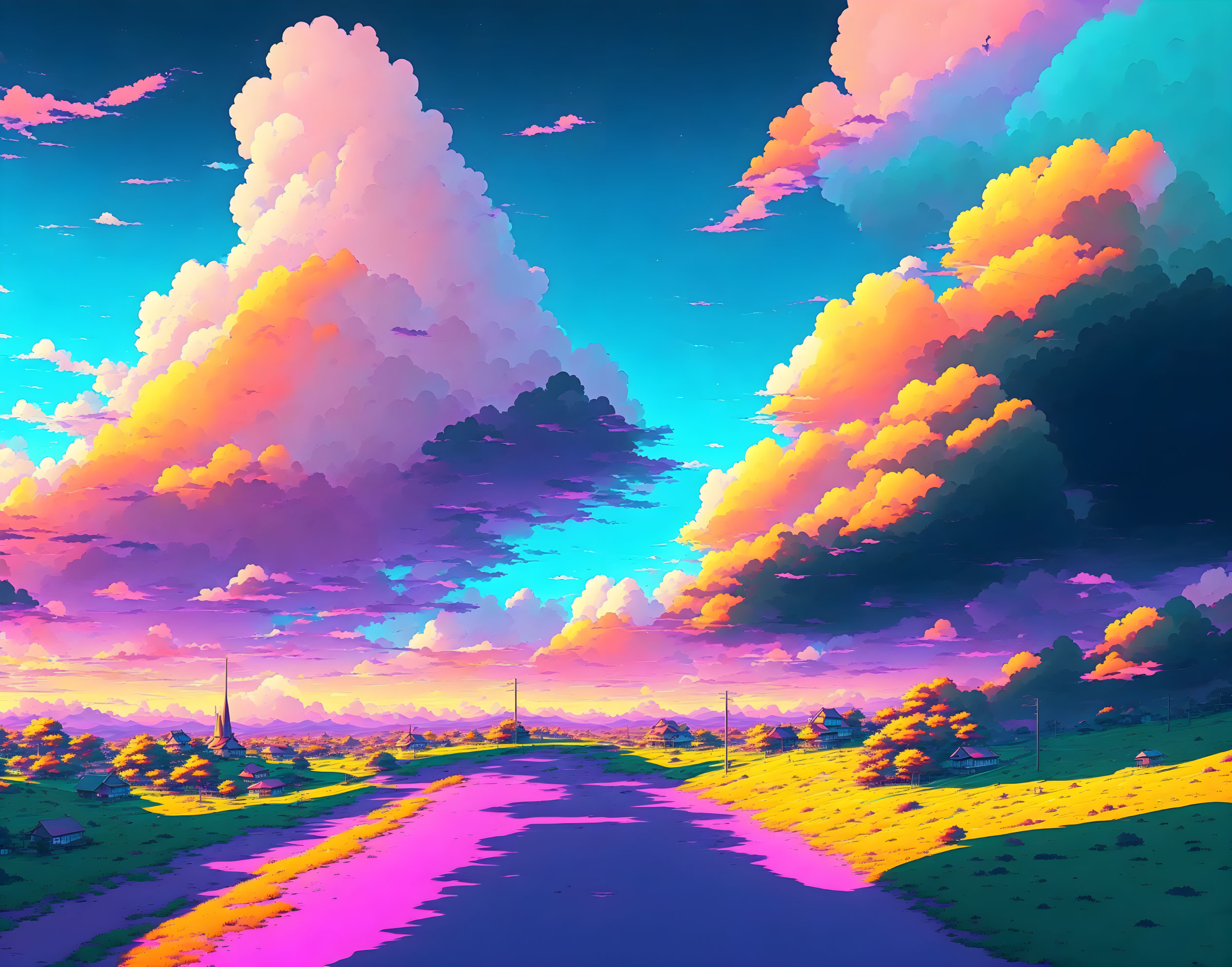 Colorful Digital Artwork: Idyllic Countryside Road at Sunset