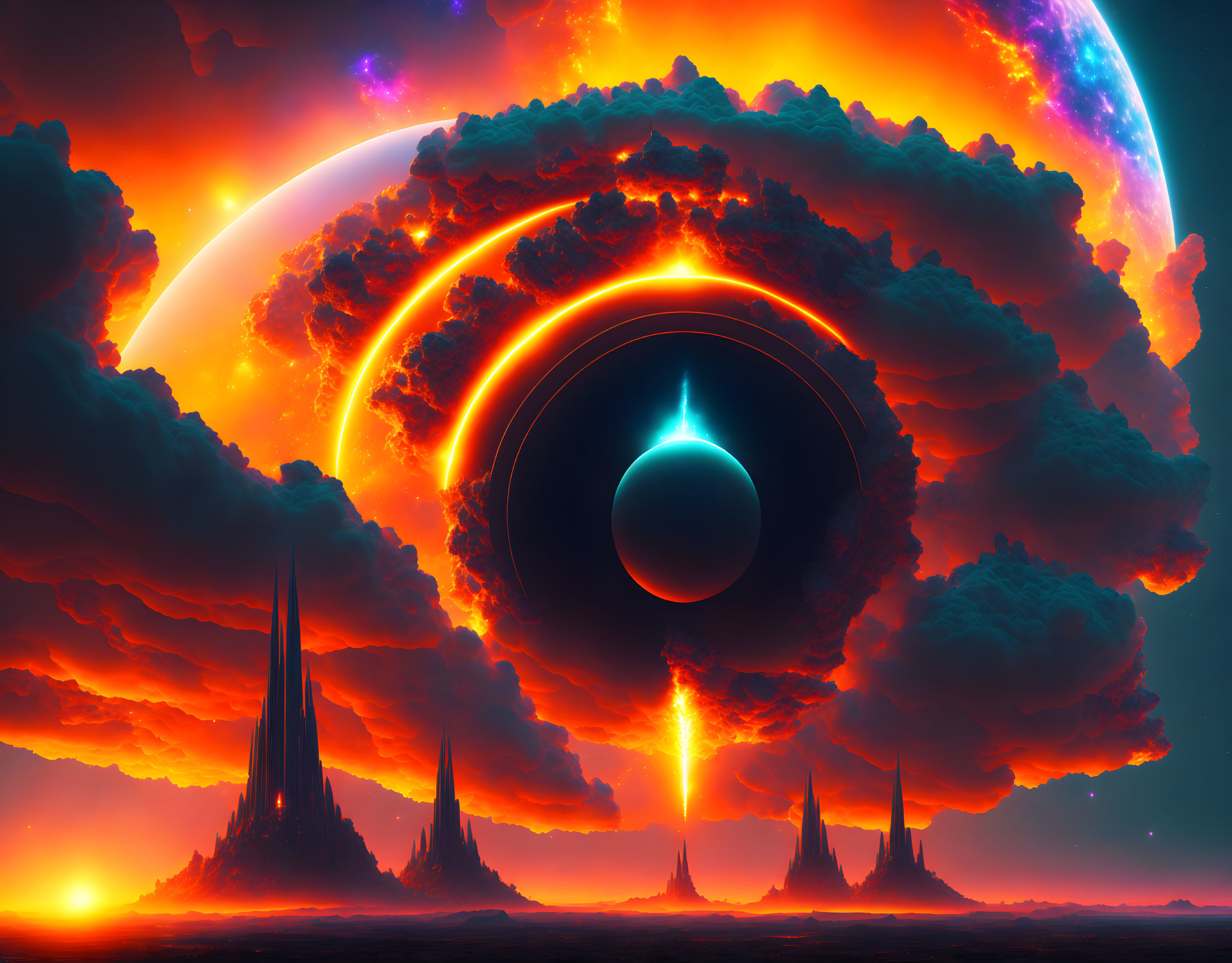 Sci-fi landscape with black hole, energy beams, spires, and orange nebulous sky