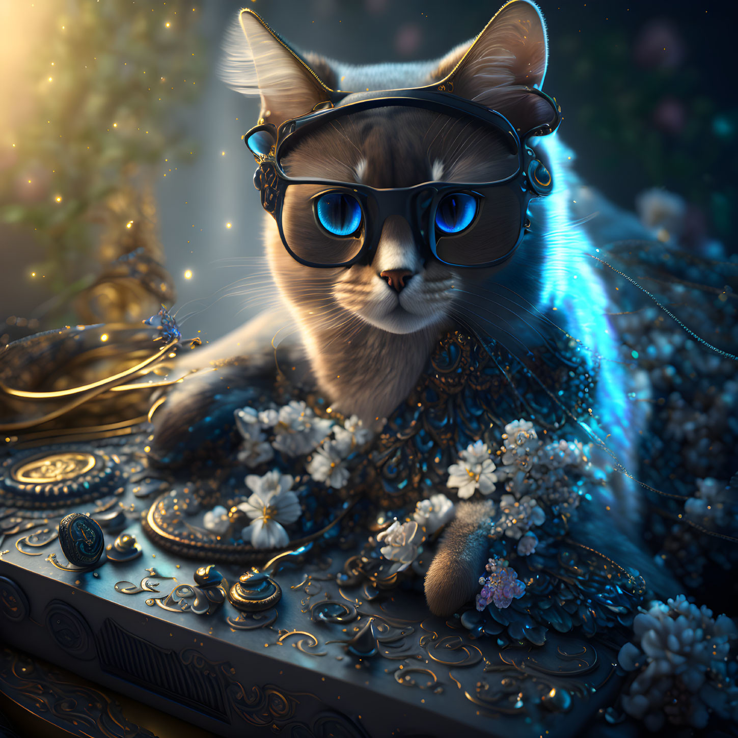 Stylized cat with glasses and mystical glow in dark backdrop