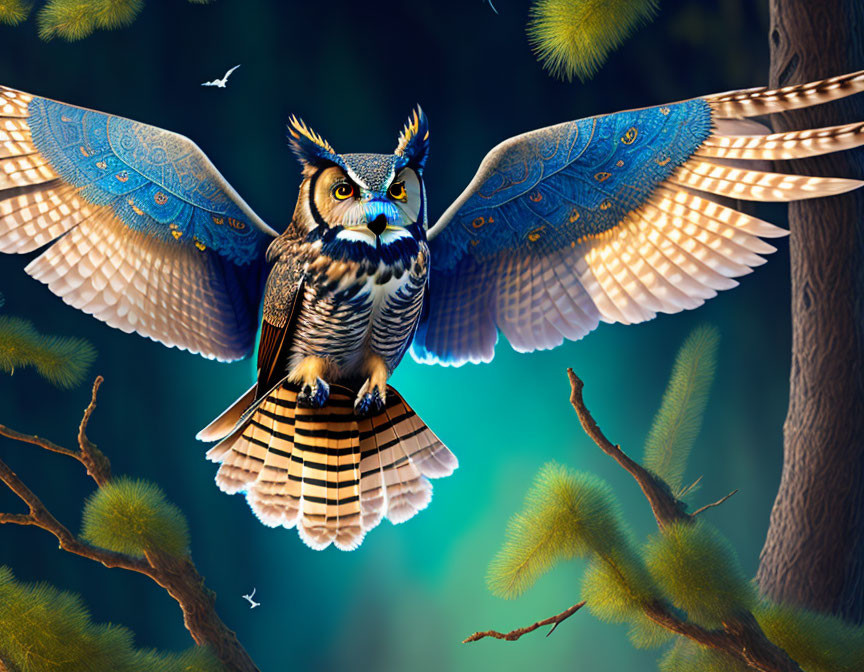 Majestic owl with blue patterned wings in mystical forest