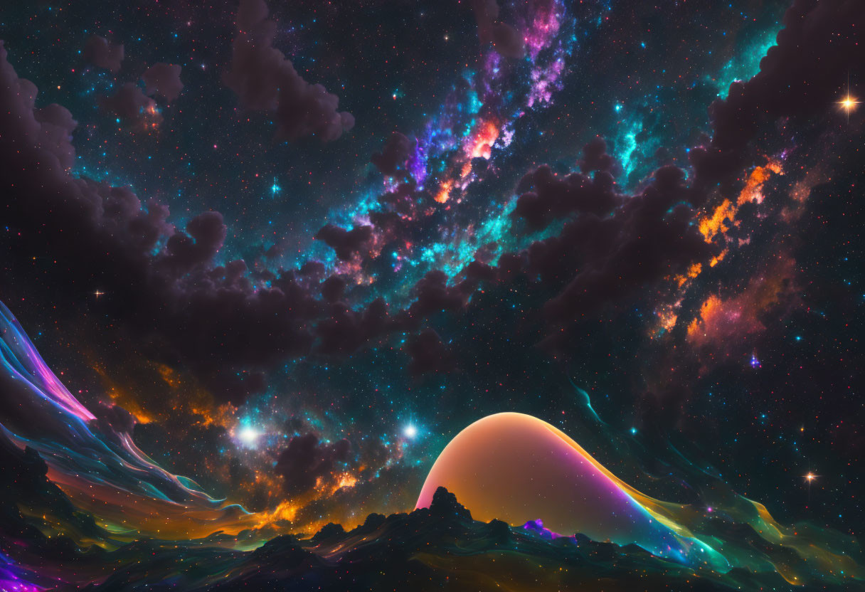 Large Glowing Planet Rises Over Mountainous Landscape