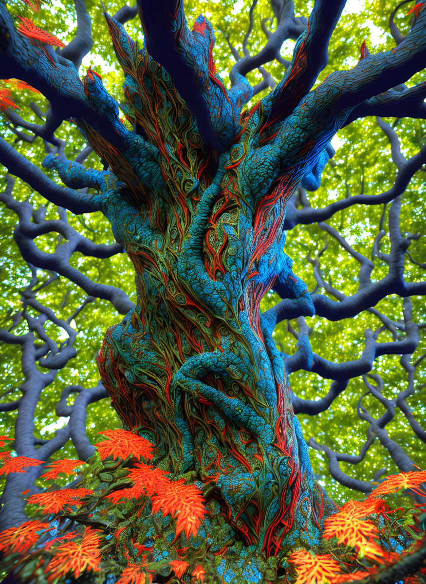 Colorful tree with intricate bark and orange foliage in blue and green setting