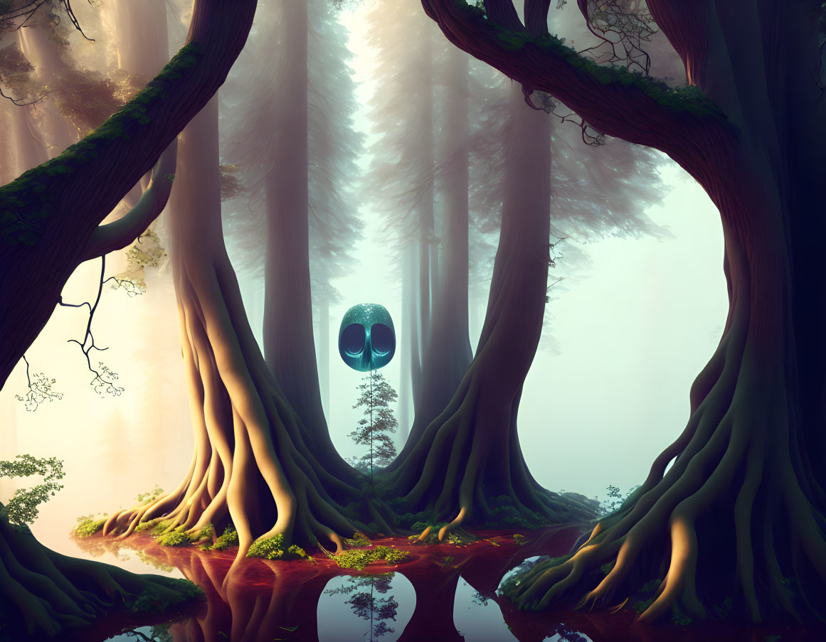 Surreal forest with towering trees, misty backdrop, and eerie alien-like mask.